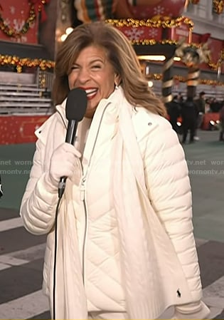 Hoda's white down jacket and cable knit scarf on Today