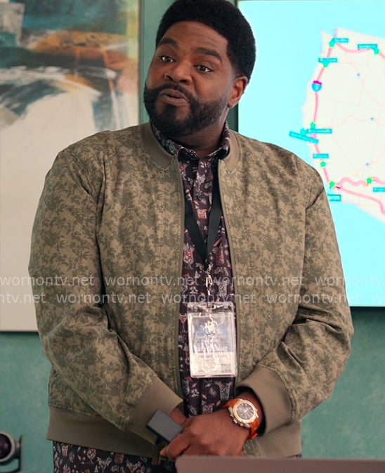 Howard's drinks print shirt and green printed bomber jacket on Loot