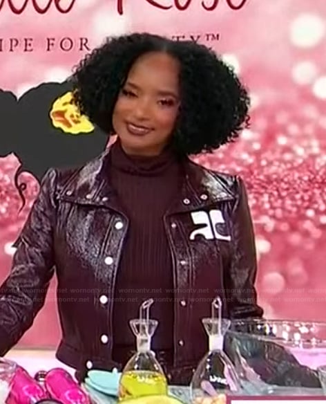 Janell Stephens's burgundy leather jacket and mini skirt on Sherri