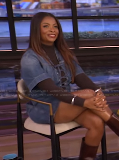 Janelle James's denim lace-up dress on Live with Kelly and Mark
