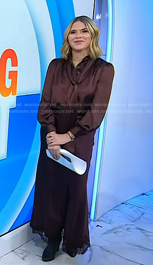 Jenna's brown tie neck blouse and lace hem skirt on Today