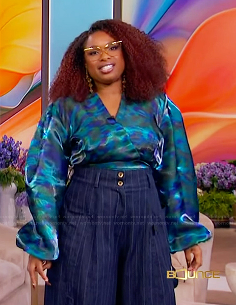 Jennifer's blue abstract satin wrap top on The Jennifer Hudson Show