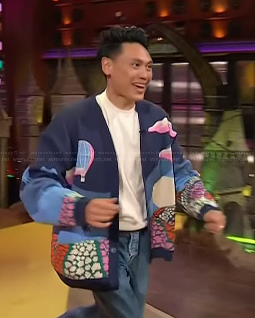 Jon M. Chu's printed cardigan on The Kelly Clarkson Show