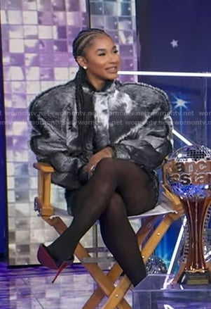 Jordan Chiles's grey fur jacket and mini skirt on Good Morning America