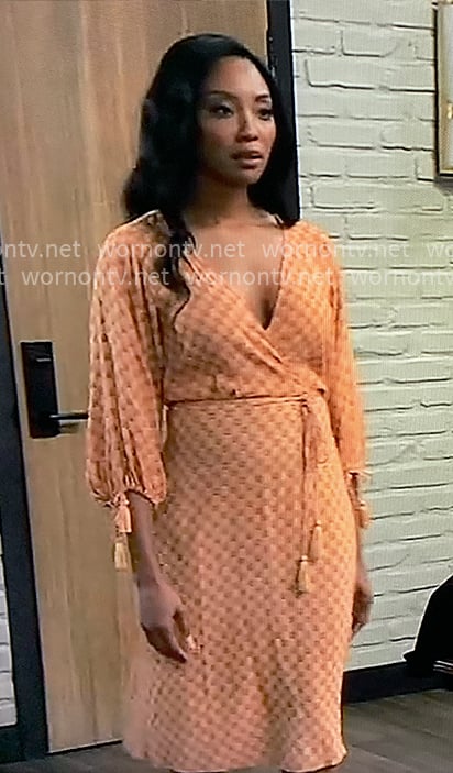 Jordan's orange printed dress with tassels on General Hospital