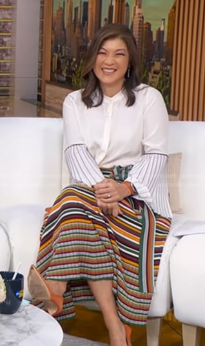 Juju's white pleated sleeve blouse and striped skirt on Good Morning America
