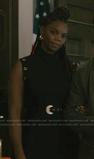 Julia’s black grommet belted dress on Elsbeth