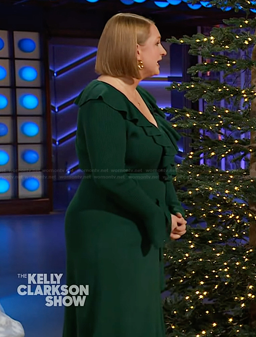Kait Taylor's green ruffle front dress on The Kelly Clarkson Show