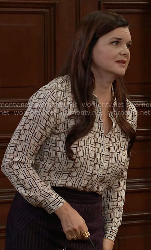 Katie's geometric print blouse and pinstripe skirt on The Bold and the Beautiful