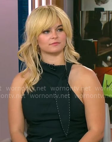 Kaya Callahan's black tie neck top on CBS Mornings