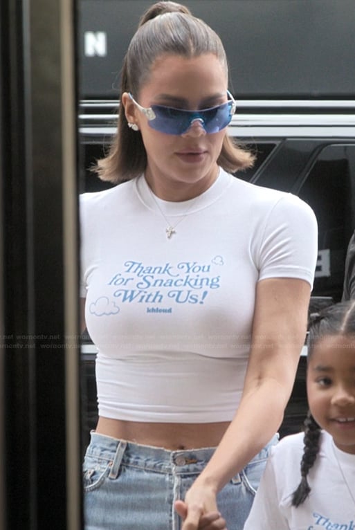 Khloe's white cropped tee and sunglasses on The Kardashians