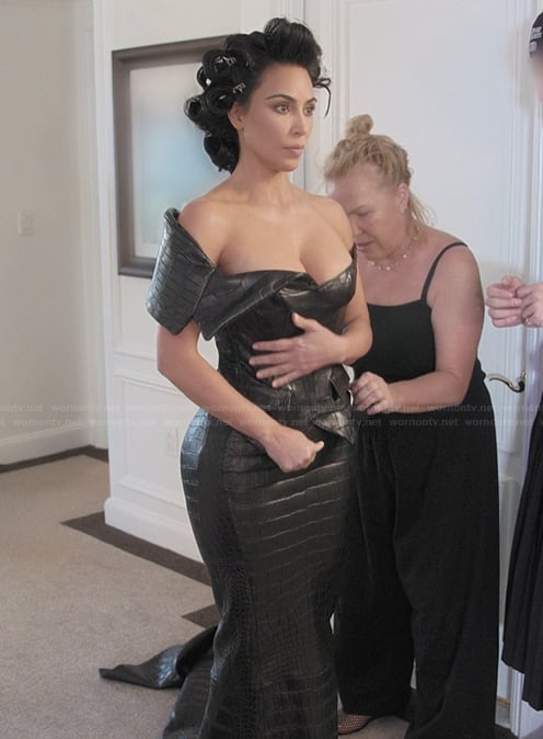 Kim's black leather dress on The Kardashians