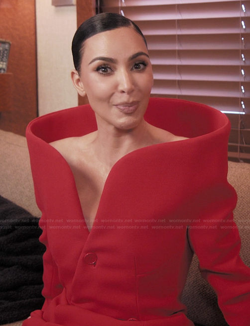Kim's red double breasted coat on The Kardashians