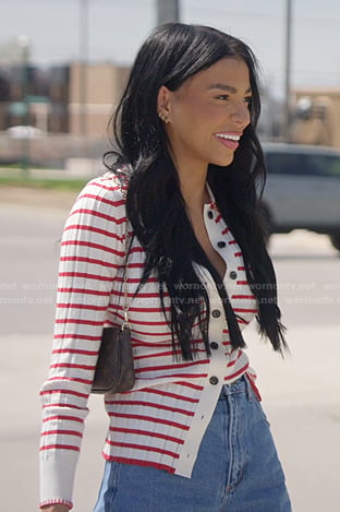 Layla's red and white striped cardigan on The Secret Lives of Mormon Wives