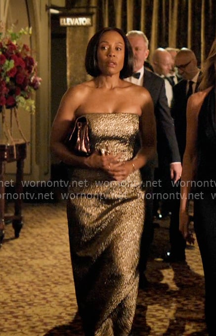 Mia's metallic strapless evening dress on The Morning Show