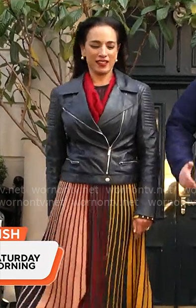Michelle Miller's striped dress and leather jacket on CBS Mornings