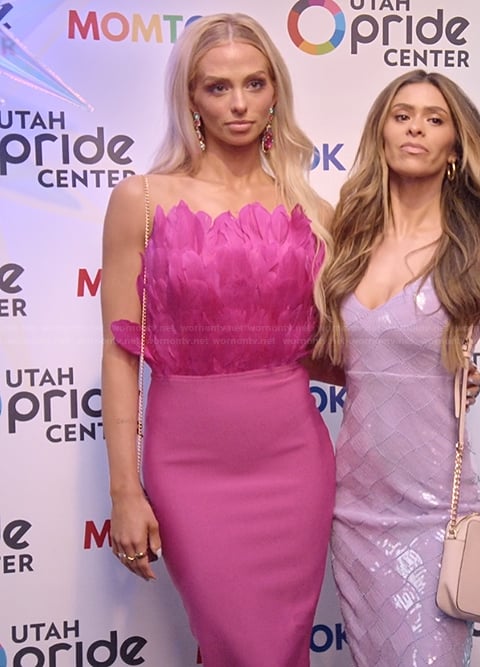 Miranda's pink feather dress on The Secret Lives of Mormon Wives