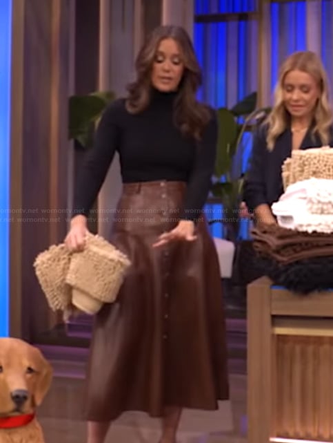 Monica's brown leather skirt on Live with Kelly and Mark