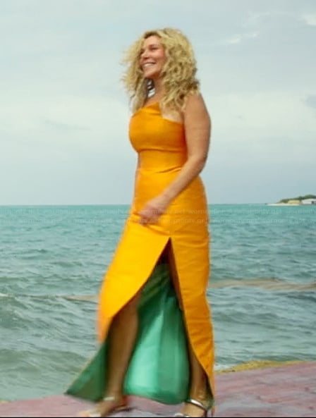 Peggy's orange one shoulder dress on The Golden Bachelor
