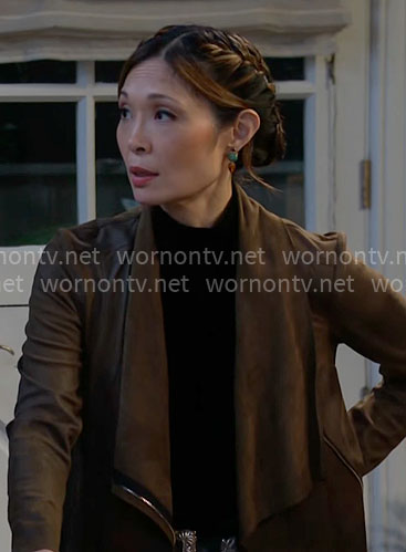 Poppy's olive suede draped front jacket on The Bold and the Beautiful