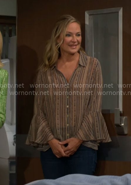 Sharon's brown striped printed blouse on The Young and the Restless