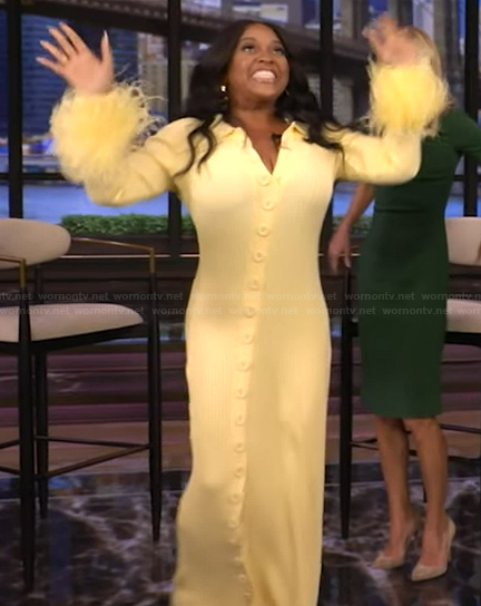 Sherri's yellow feather cuff dress on Live with Kelly and Mark