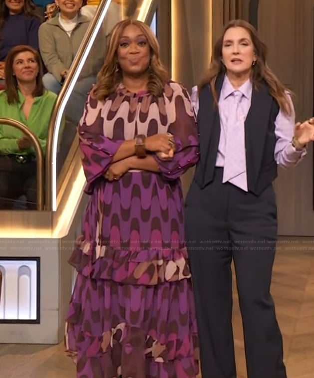 Sunny Anderson's printed ruffle maxi dress on The Drew Barrymore Show