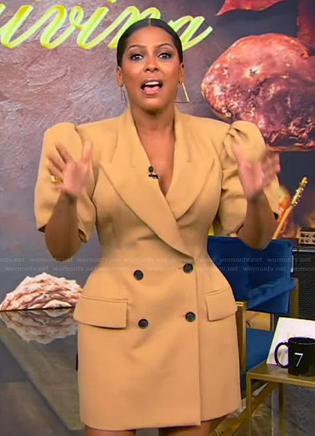 Tamron's beige blazer dress on Tamron Hall Show