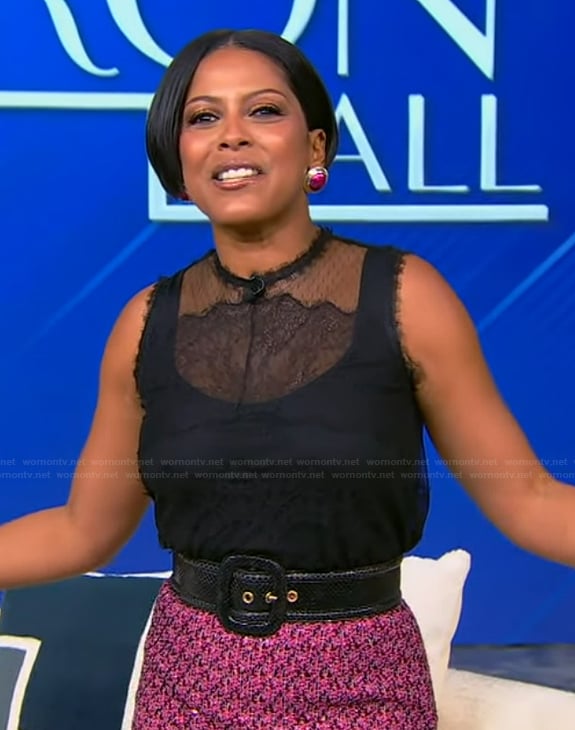 Tamron's black lace top and tweed skirt on Tamron Hall Show