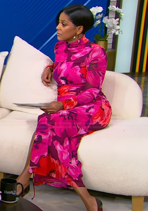 Tamron's pink floral mesh dress on Tamron Hall Show