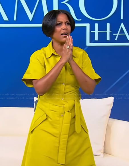 Tamron's yellow leather belted dress on Tamron Hall Show