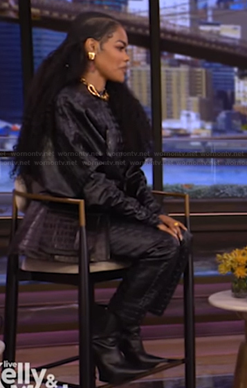 Teyana Taylor's black leather jacket and pants on Live with Kelly and Mark