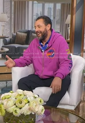 Adam Sandler's print polo and pink hoodie on Good Morning America