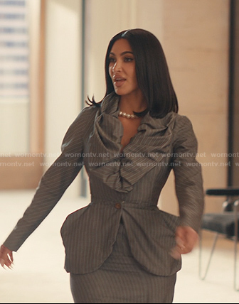 Allura's grey pinstripe ruffle collar jacket on Alls Fair