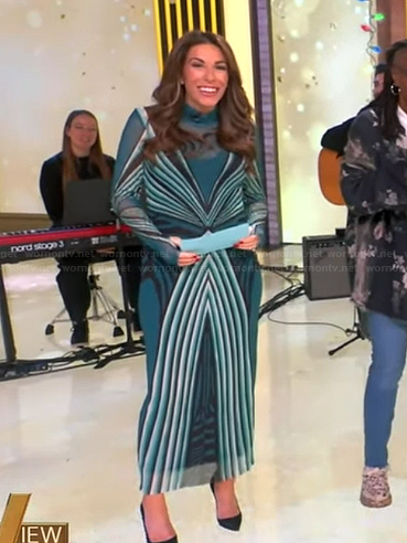 Alyssa's blue printed mesh dress on The View