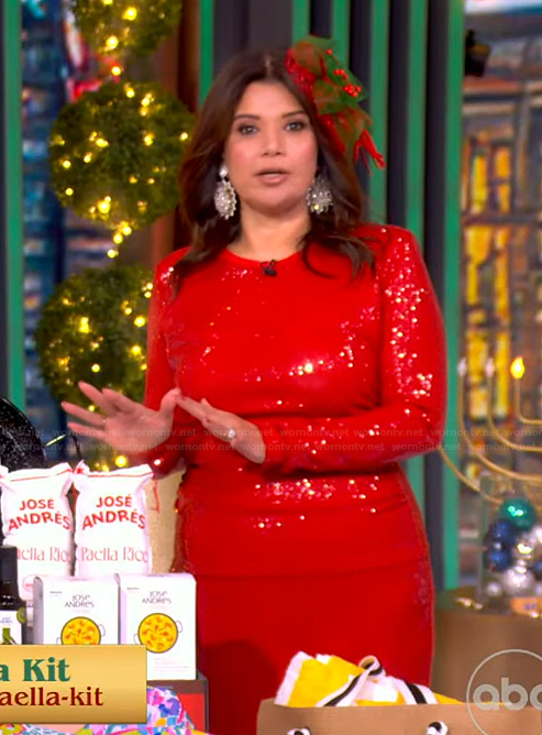 Ana's red sequin top and skirt on The View