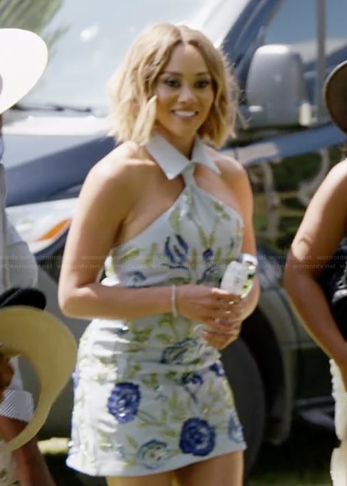 Ashley's blue floral embellished mini dress on The Real Housewives of Potomac