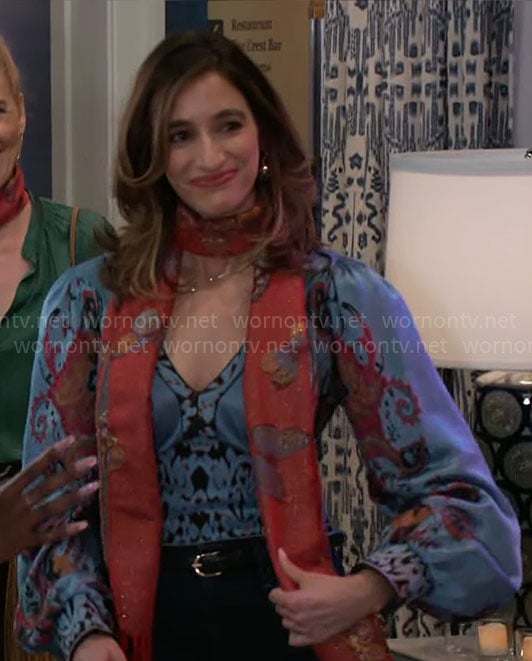 Ashley's blue paisley print blouse on Beyond the Gates