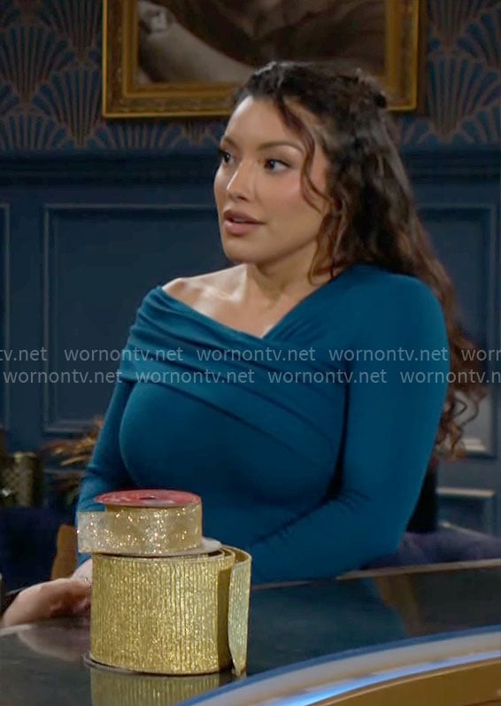 Audra's teal asymmetric shoulder dress on The Young and the Restless