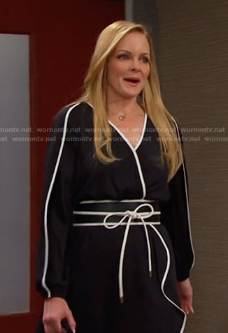 Belle's black contrast trim dress and belt on Days of our Lives
