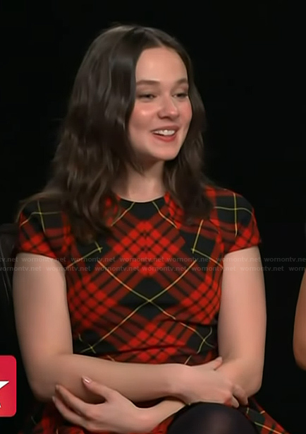 Cailee Spaeny's red plaid dress on Access Hollywood
