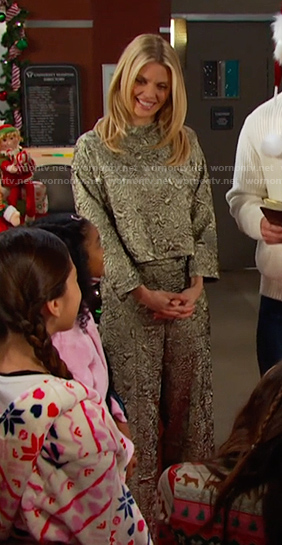 Cat's metallic floral top and pants on Days of our Lives