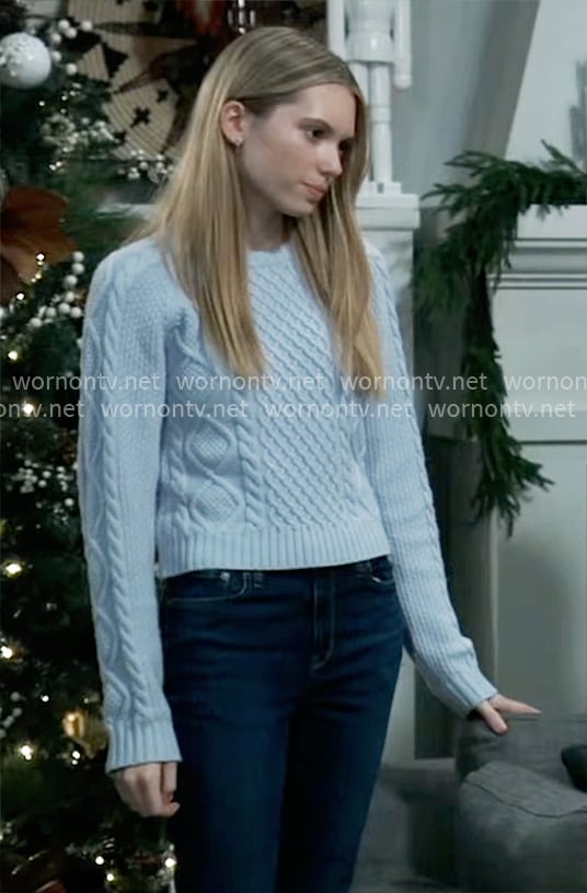 Charlotte's blue cable knit sweater on General Hospital