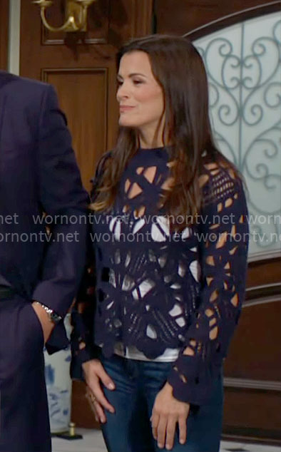 Chelsea's navy crochet sweater on The Young and the Restless