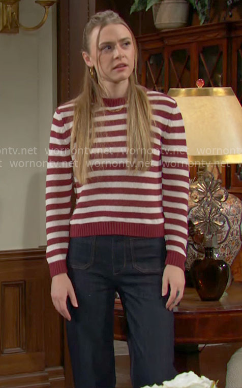 Claire's red striped sweater and front pocket jeans on The Young and the Restless