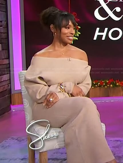 Devyn Simone's beige knit off shoulder dress on Sherri