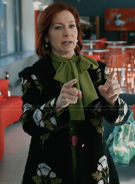 Elsbeth's black floral embroidered coat on Elsbeth