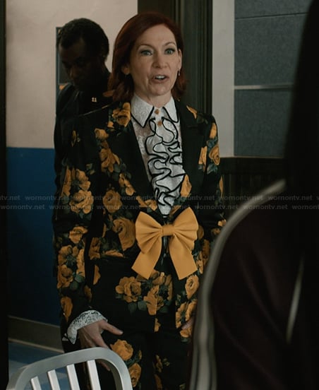 Elsbeth's black floral print blazer and pants on Elsbeth