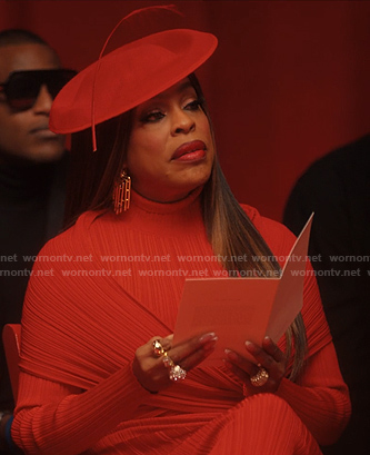 Emerald's red ribbed dress on Alls Fair