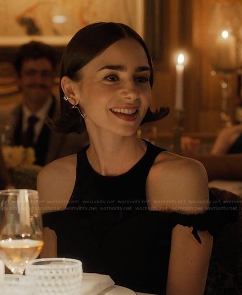 Emiliy's black cold shoulder dress on Emily in Paris